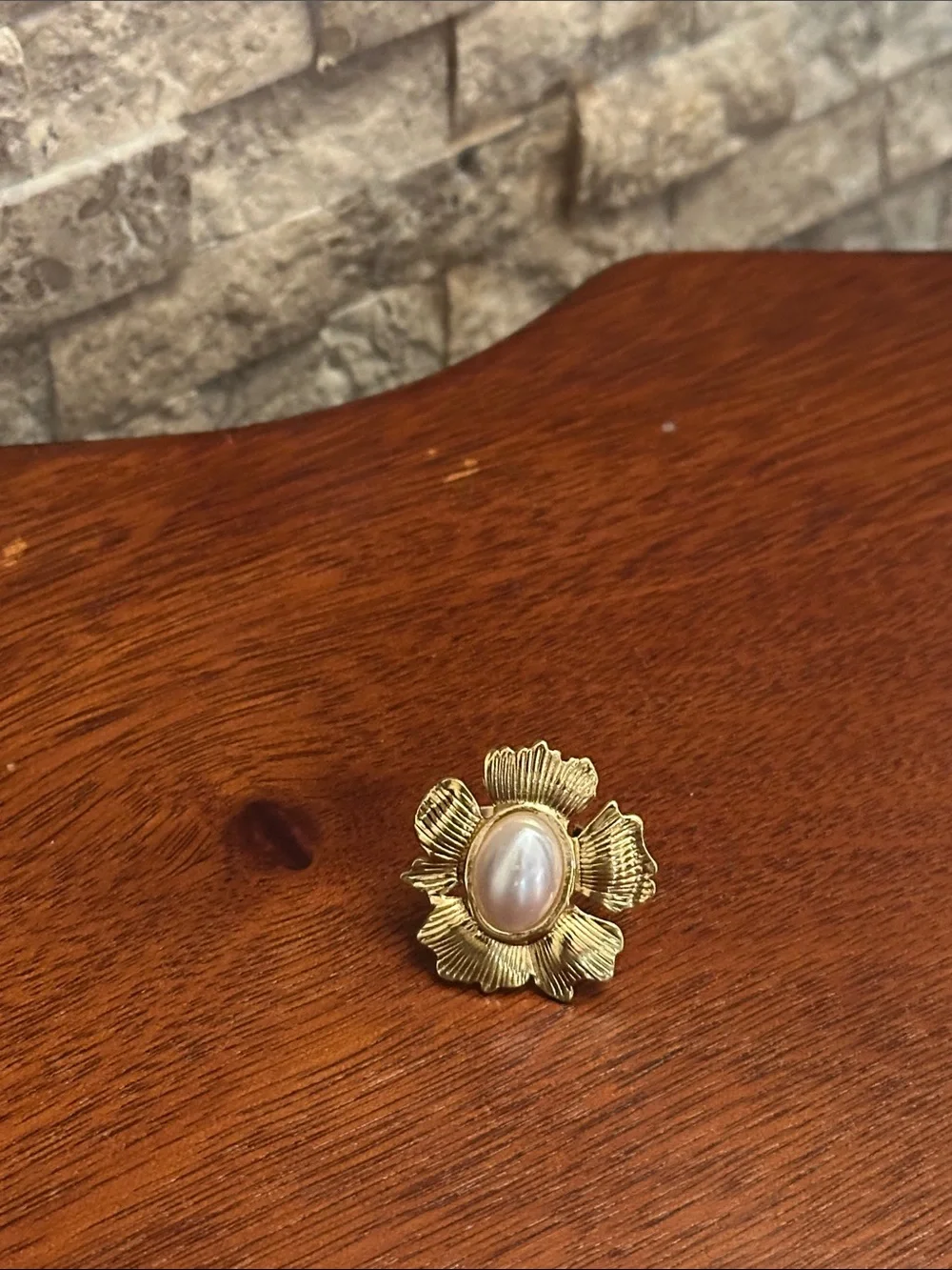 Gold Flower Pearl Center Statement Open Ring